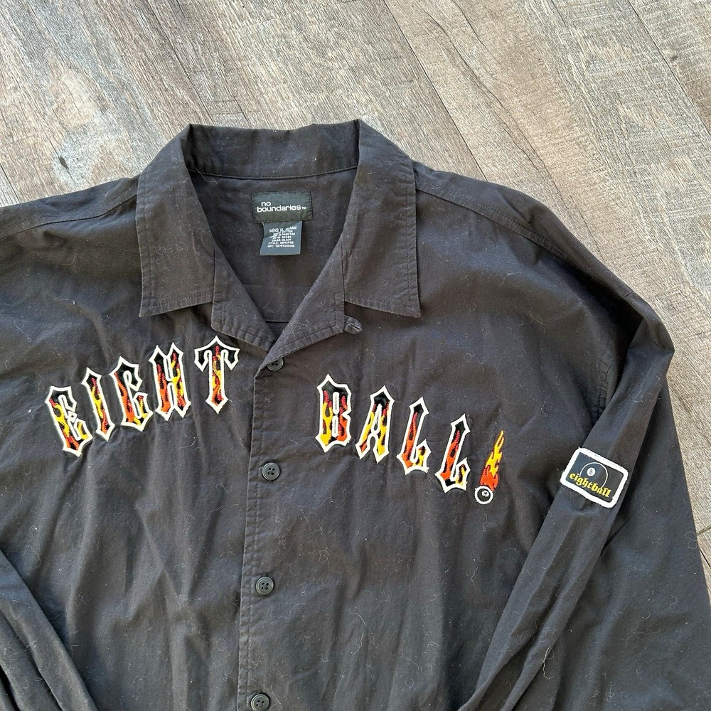 No Boundaries Eightball 8 Ball Graphic Button-Up Shirt Mens XL Black Long Sleeve